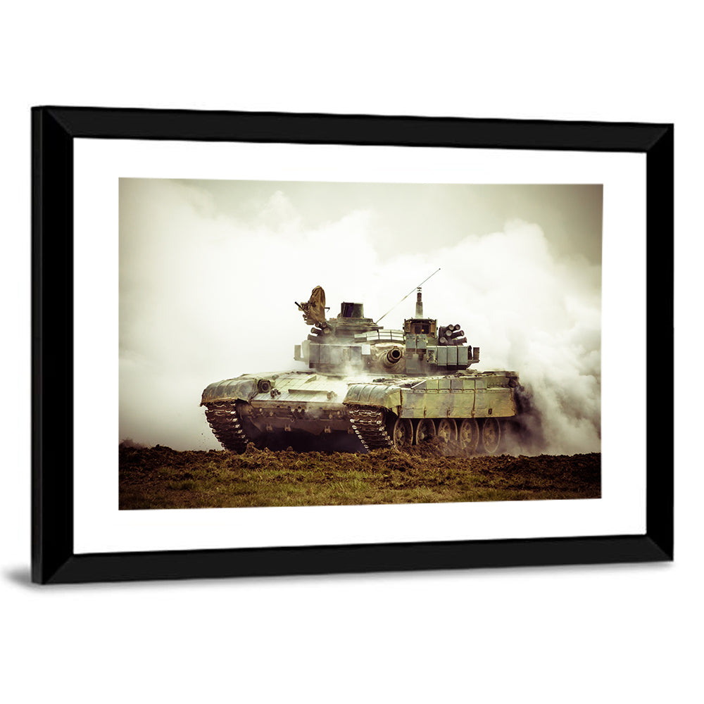 Camouflaged Battle Tank in Smoke Wall Art