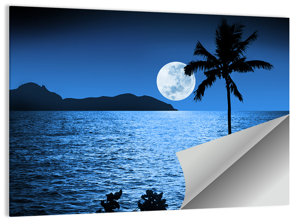 Moonlit Tropical Shore Silhouette Wall Art