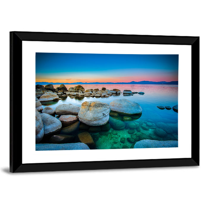 Lake Tahoe Sunset Boulders Wall Art as a framed print