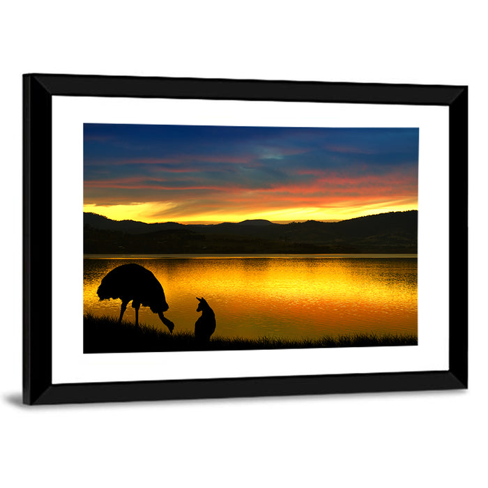 Kangaroo and Emu at Lake Sunset Wall Art as a framed print
