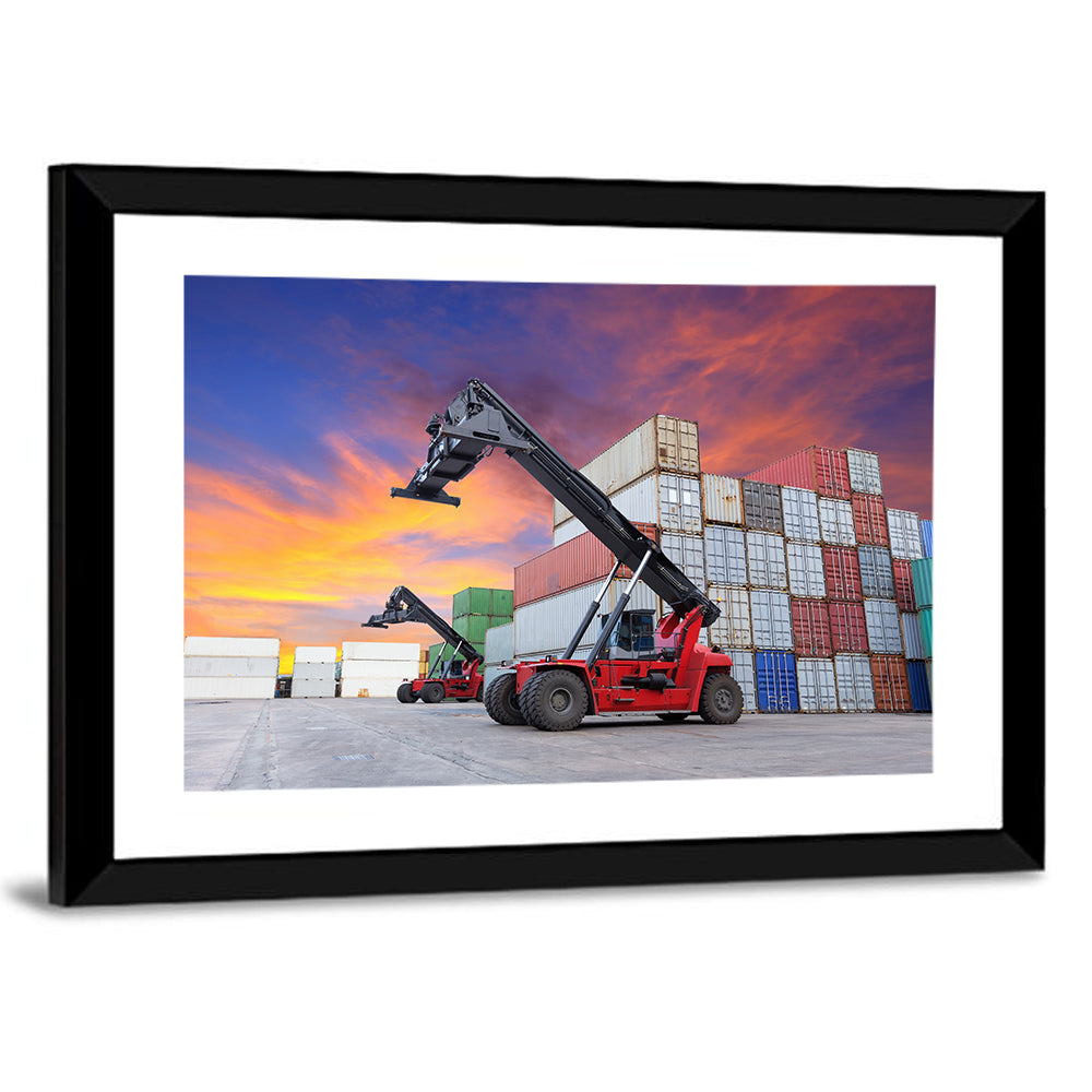 Red Reach Stackers at Sunset Wall Art