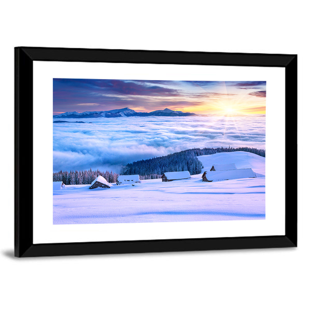 Snowy Cabins Above Clouds Wall Art