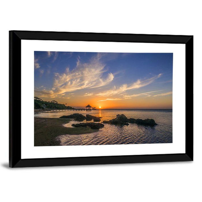 Roatan Pier Sunset Wall Art as a framed print