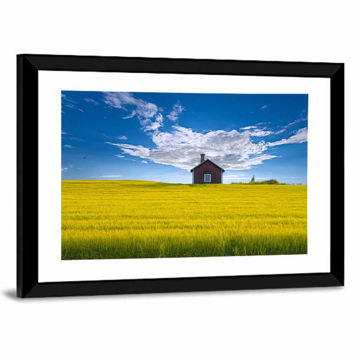 Red Barn in Golden Wheat Field Wall Art as a framed print