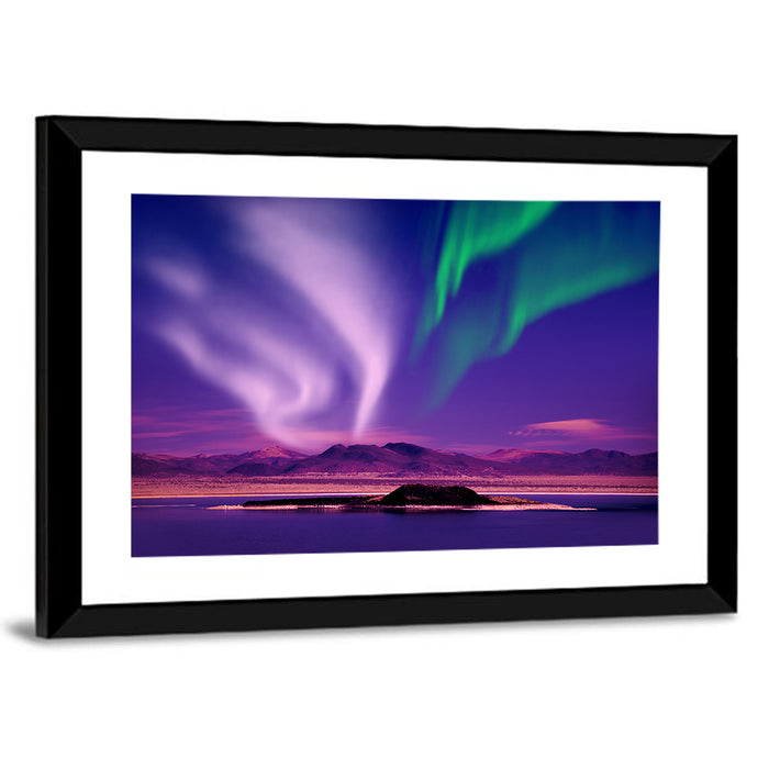 Violet Aurora Over Island Lake Wall Art as a framed print