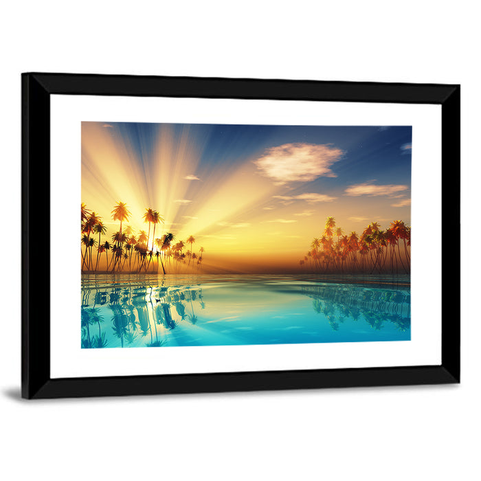 Turquoise Sunset Over Palm Island Wall Art as a framed print