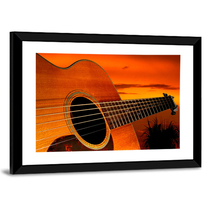 Sunset Acoustic Guitar Silhouette Wall Art as a framed print