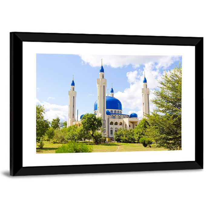 Blue Domed Mosque with Golden Minarets Wall Art as a framed print