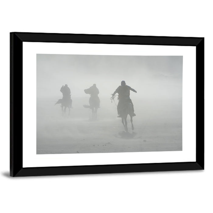 Silhouetted Horse Riders in Mist Wall Art as a framed print