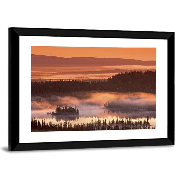 Lapland Sunrise Over Misty Lake Wall Art as a framed print