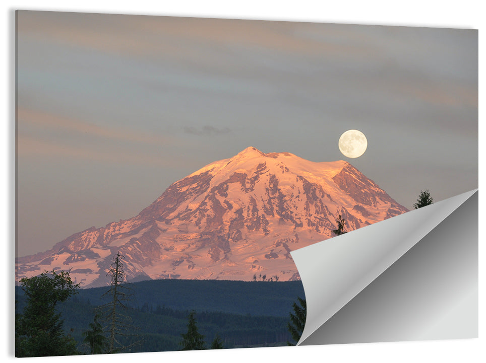 Mount Rainier Alpenglow with Full Moon Wall Art