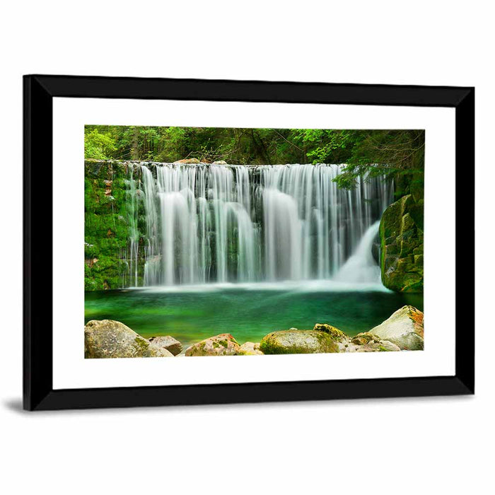Emerald Lake Waterfall Wall Art as a framed print