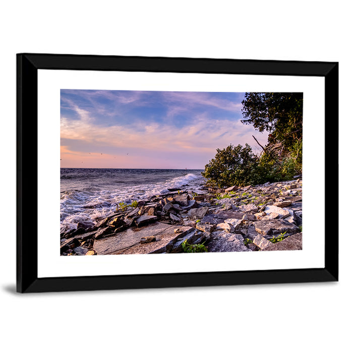 Lake Michigan Rocky Shoreline at Dusk Wall Art as a framed print