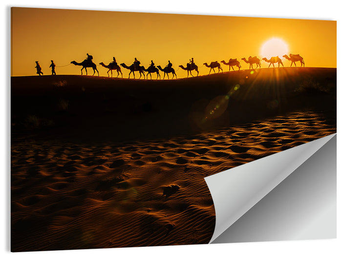 Camel Caravan Silhouette at Golden Sunset Wall Art as a poster print