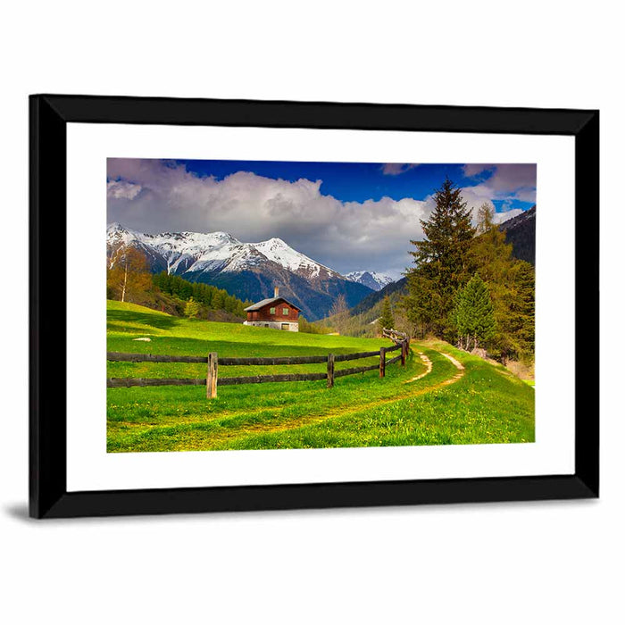 Alpine Meadow Cabin, Swiss Alps Wall Art as a framed print