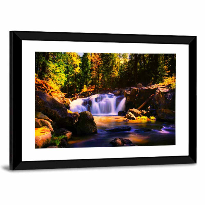 Autumn Mountain Waterfall Wall Art as a framed print