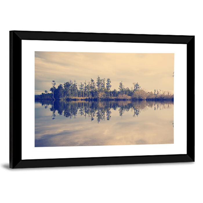Sunset Over Forest Lake Wall Art as a framed print