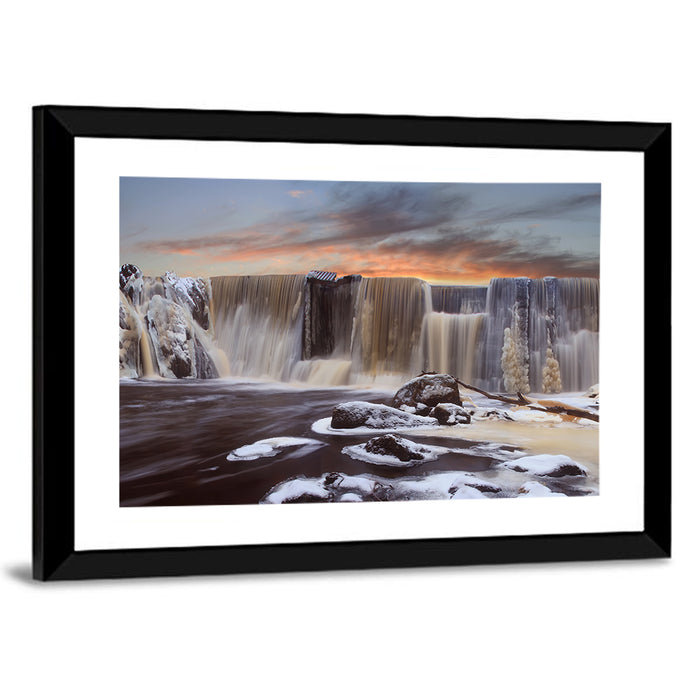 Frozen Waterfall at Sunset Wall Art as a framed print
