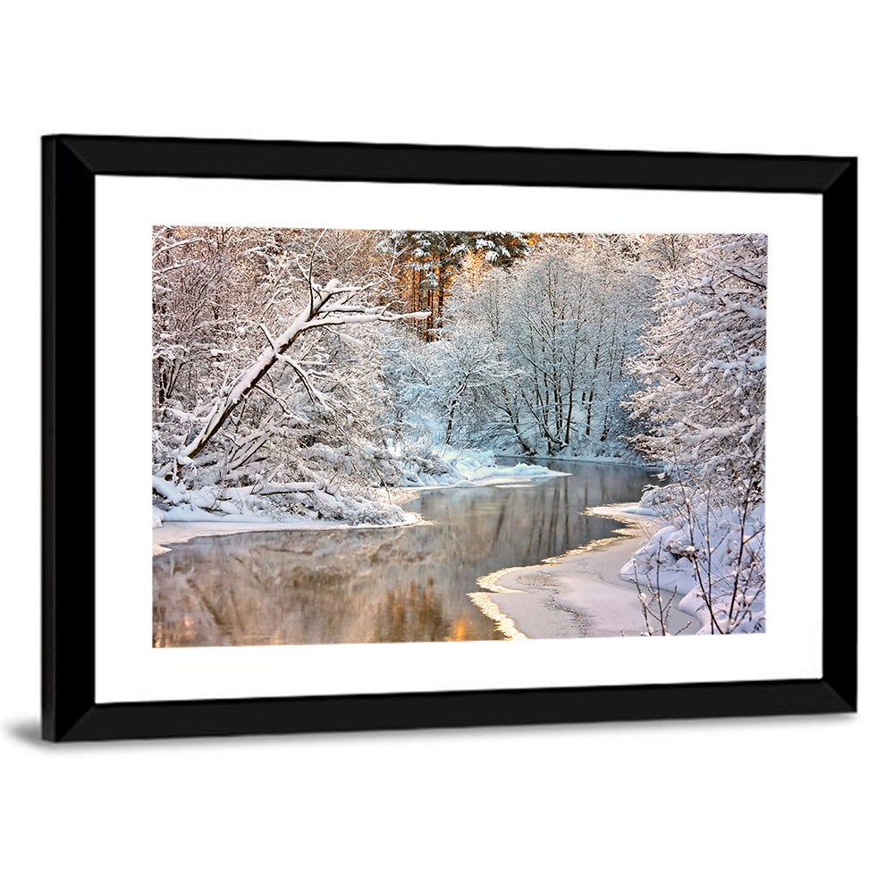 Snow-covered Stream at Golden Hour Wall Art