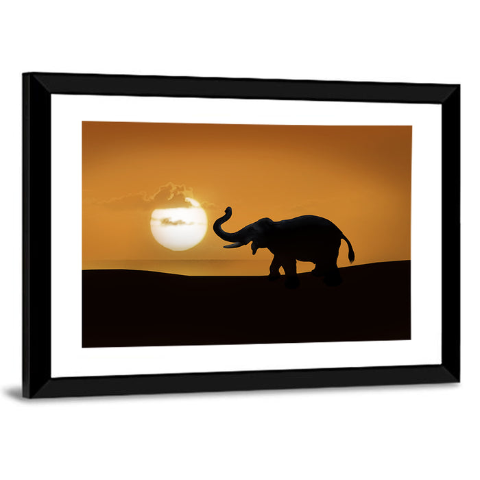 Elephant at Sunset Wall Art as a framed print