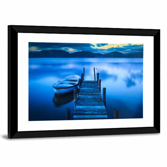 Boat and Wooden Pier Wall Art as a framed print