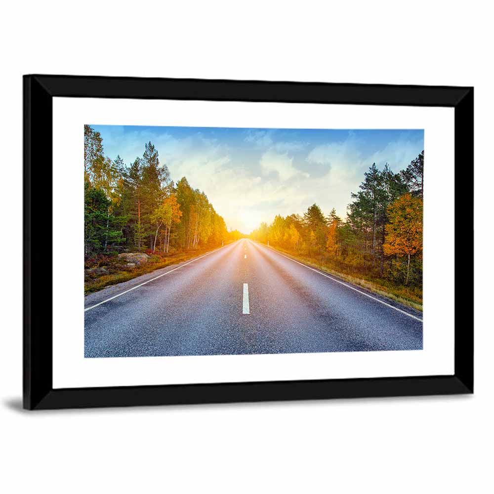 Sunlit Autumn Forest Road Wall Art
