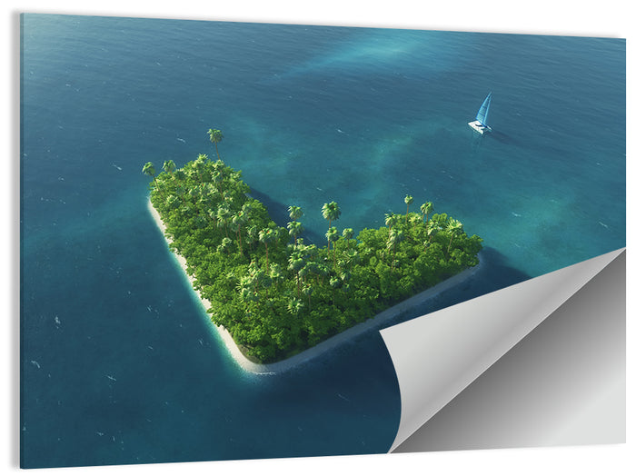 V-shaped Tropical Island with Distant Catamaran Wall Art as a poster print