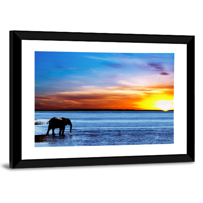 Elephant Silhouette at Beach Sunset Wall Art as a framed print