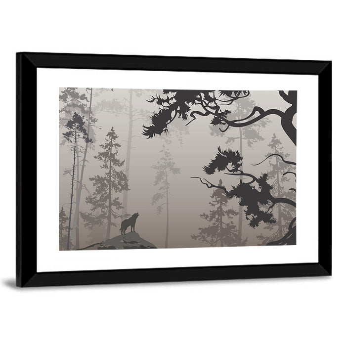 Howling Wolf in Misty Forest Wall Art as a framed print