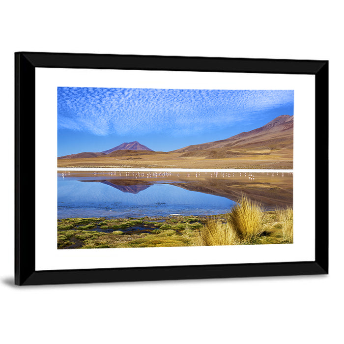 Red Lagoon Flamingo Reflection Wall Art as a framed print