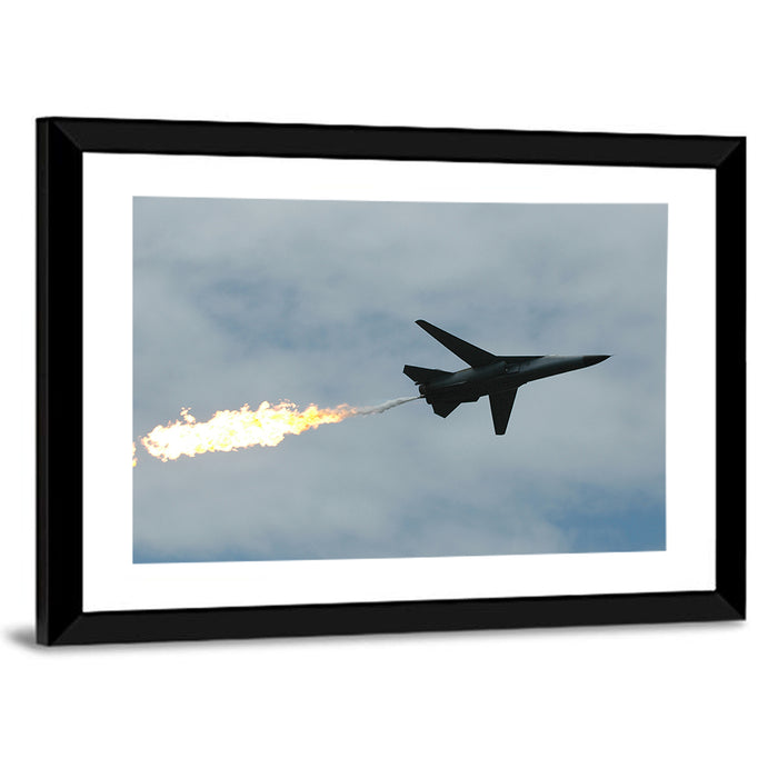 Fighter Jet with Flaming Exhaust Wall Art as a framed print