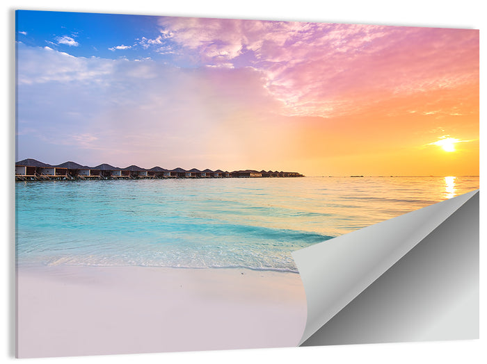 Overwater Bungalows at Sunset Wall Art as a poster print