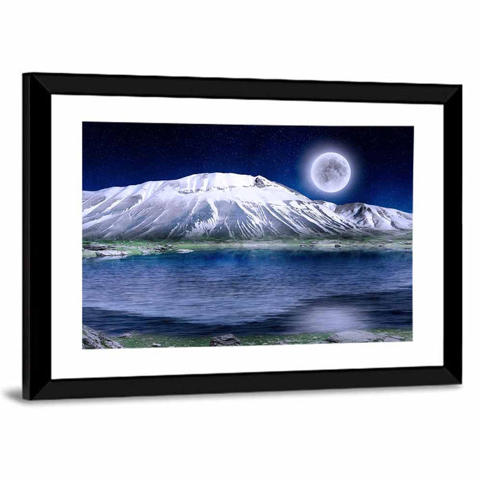 Moonlit Winter Mountain Lake Wall Art as a framed print