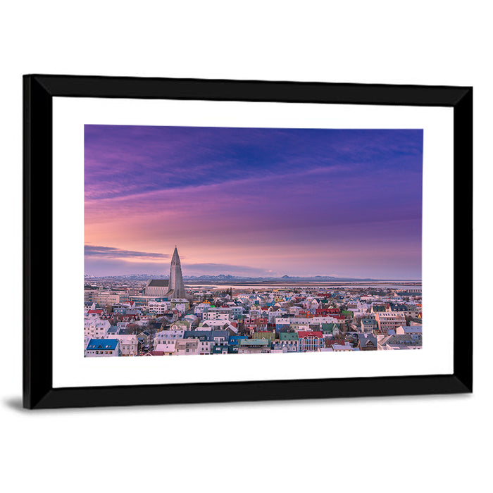 Dawn Over Reykjavik Wall Art as a framed print