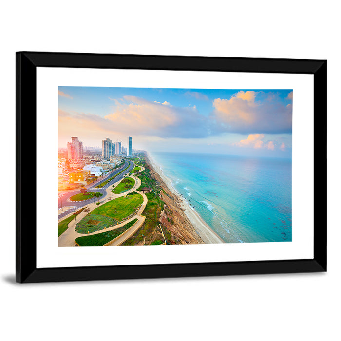 Netanya Coastline at Golden Hour Wall Art as a framed print