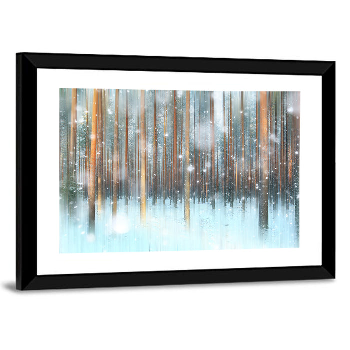 Ethereal Snowy Pine Forest Wall Art as a framed print