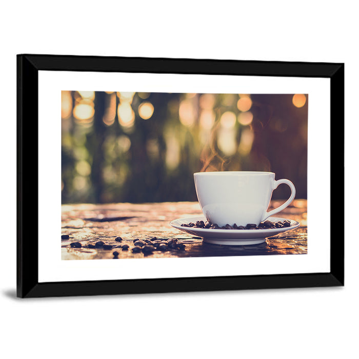 Steaming White Coffee Cup Wall Art as a framed print