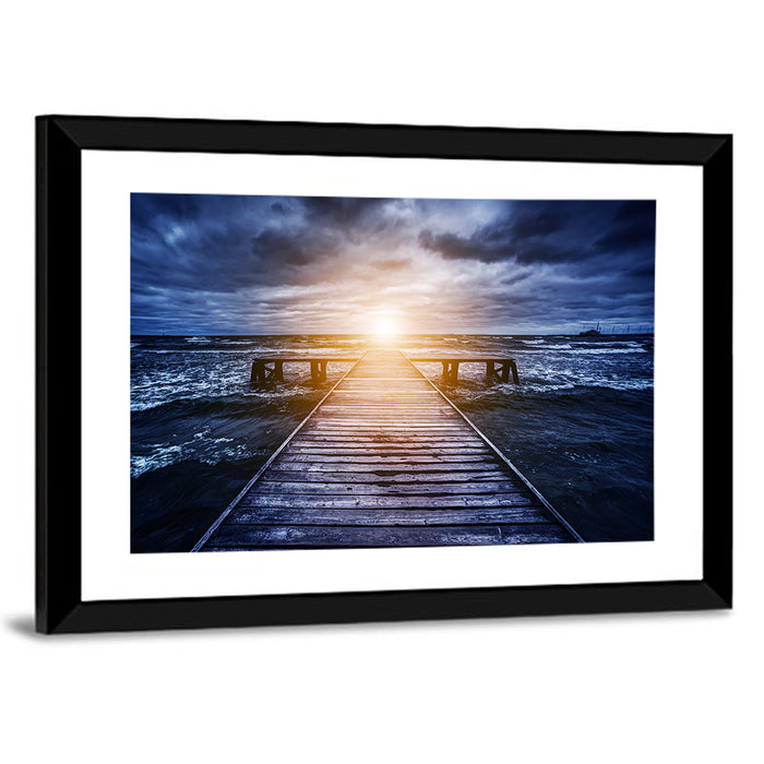 Sunlit Wooden Jetty at Dusk Wall Art as a framed print