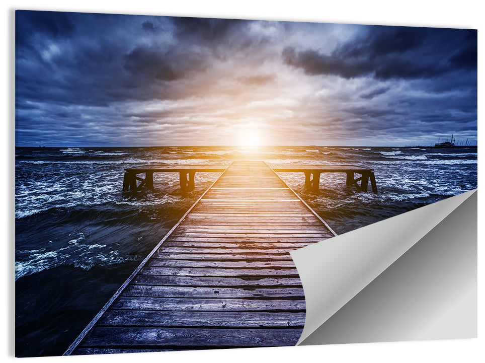 Sunlit Wooden Jetty at Dusk Wall Art