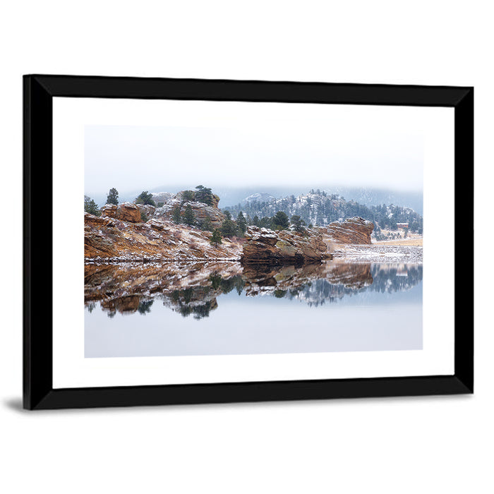 Marys Lake Foggy Reflection Wall Art as a framed print