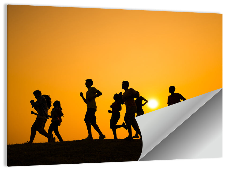 Six Runners Silhouette at Golden Sunset Wall Art