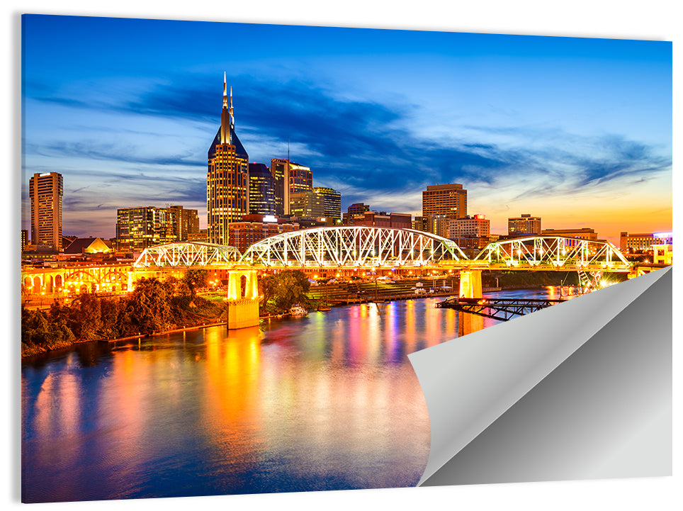 Nashville Skyline at Twilight Bridge Reflections Wall Art