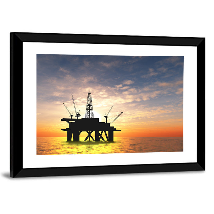 Sunset Oil Rig Silhouette Wall Art as a framed print