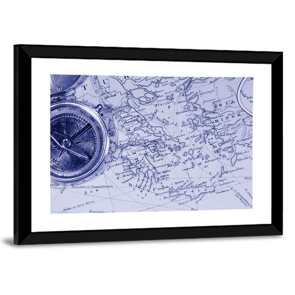 Aegean Nautical Map with Compass Wall Art, framed print, landscape