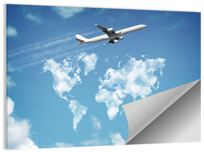 Jet Over Cloud World Map Wall Art as a poster print
