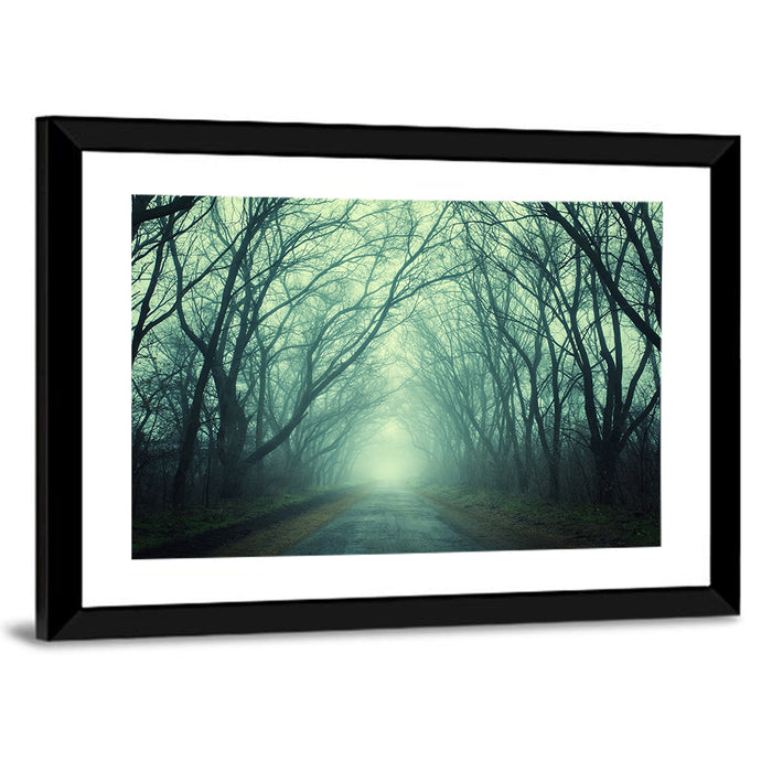 Foggy Forest Pathway Wall Art as a framed print