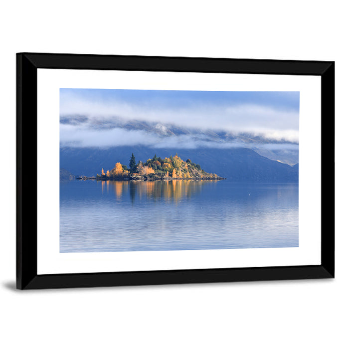 Misty Wanaka Island Reflection Wall Art as a framed print