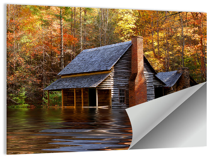 Autumn Flooded Log Cabin Wall Art as a poster print