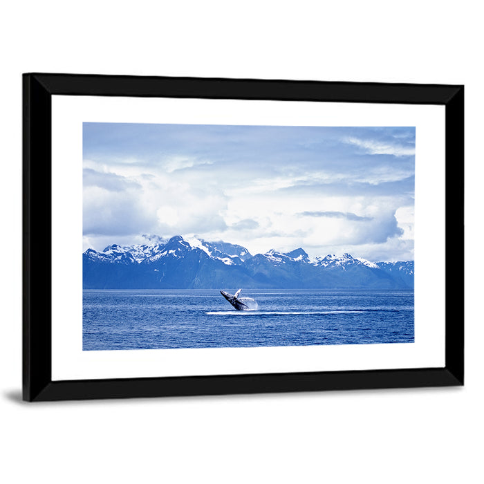 Humpback Whale with Snow Capped Mountains Wall Art as a framed print