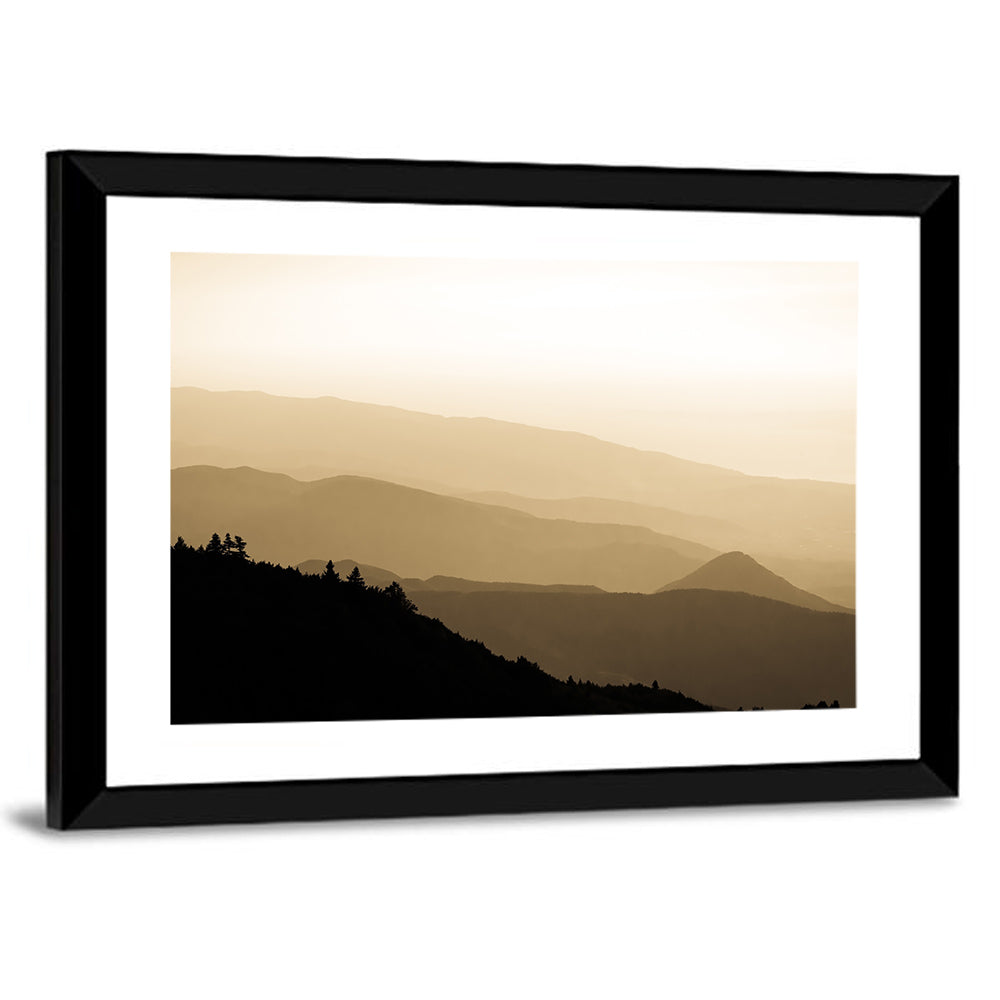 Foggy Mountain Sunset with Evergreen Silhouettes Wall Art in a room, landscape